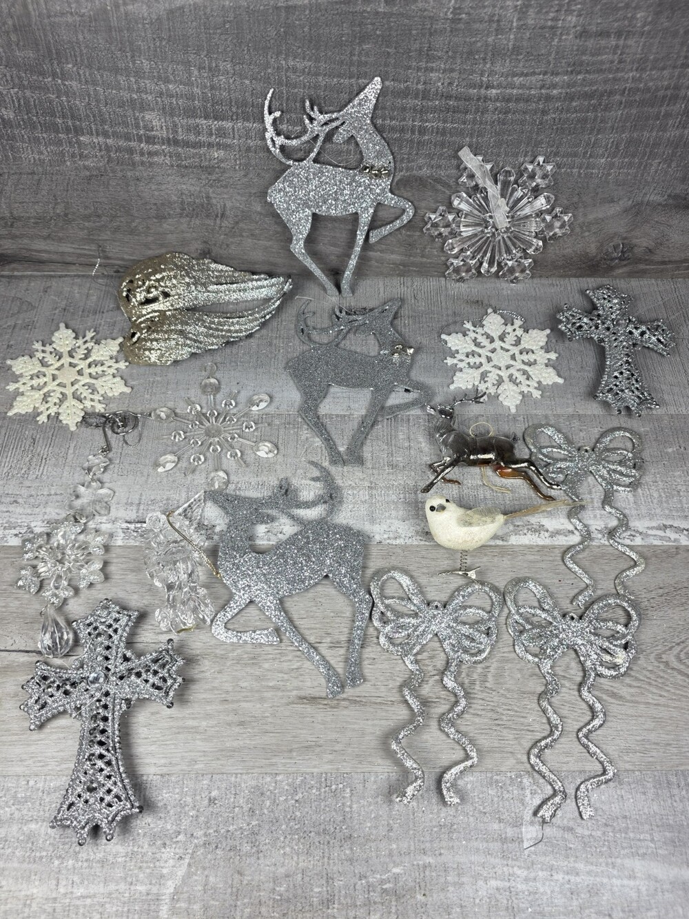 17 Silver Christmas Ornaments and Decor Deer Bows Cross Bird Angel Wings b31